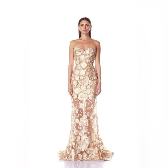 NWOT Bronx and Banco Jasmin Bridal Floral Strapless Gold Gown - Picture 1 of 12